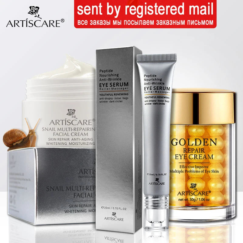 ARTISCARE Snail Facial Cream + Peptide Eye Serum + Golden Eye Cream Face Care Dark Circles Skin Care